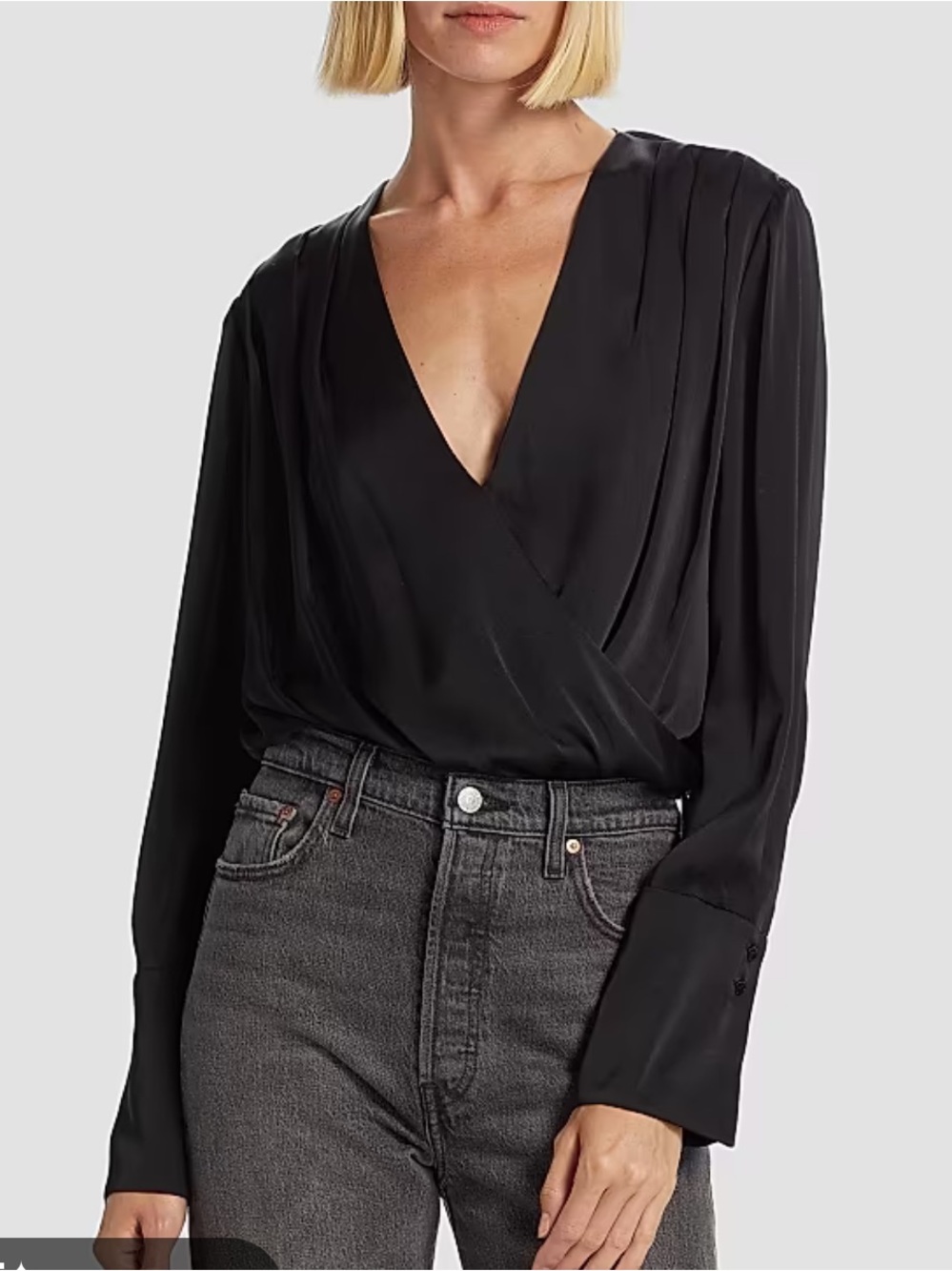Anthropologie Faux Wrap Shimmer Bodysuit Sz M w MEASUREMENTS Black Long Sleeves